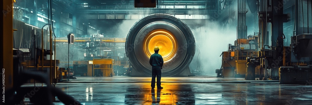 Leinwandbilder an engineer stands in front of a massive industrial tire, analyzing its structure in an active manuf