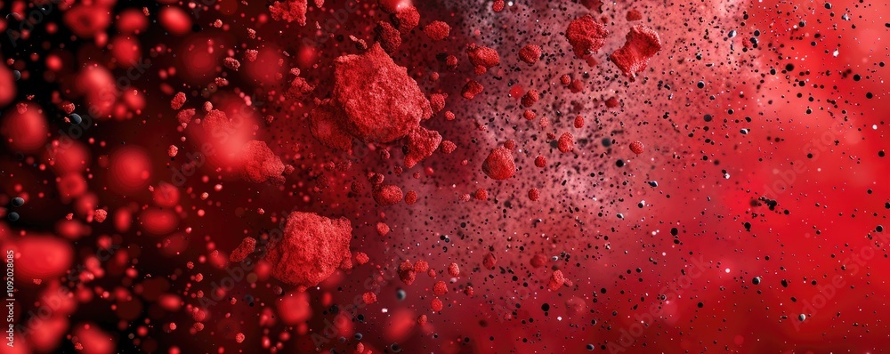Poster a vibrant explosion of red particles against a dark backdrop, creating a dynamic and energetic visua