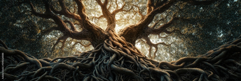 Poster a tree of life with intricate, intertwining branches and roots, representing harmony and connection 