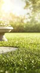 A serene garden scene with lush grass and a decorative planter.