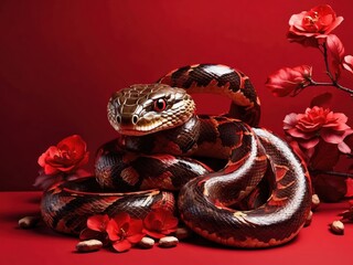 Snake with flowers on red background, New Year 2025 background with space for text, lunar new year theme