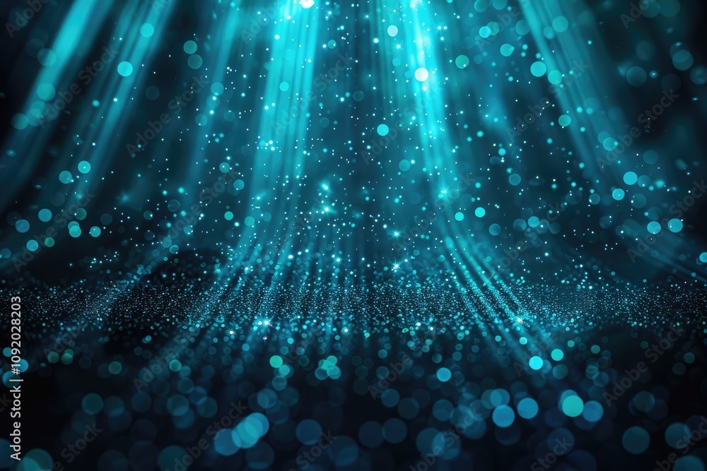 Poster a mesmerizing display of shimmering blue particles illuminated by beams of light, creating an ethere