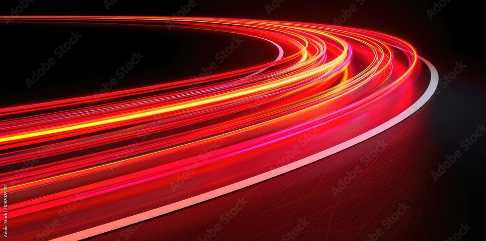 Poster a dynamic display of vibrant red light trails curving against a dark background, evoking speed and m
