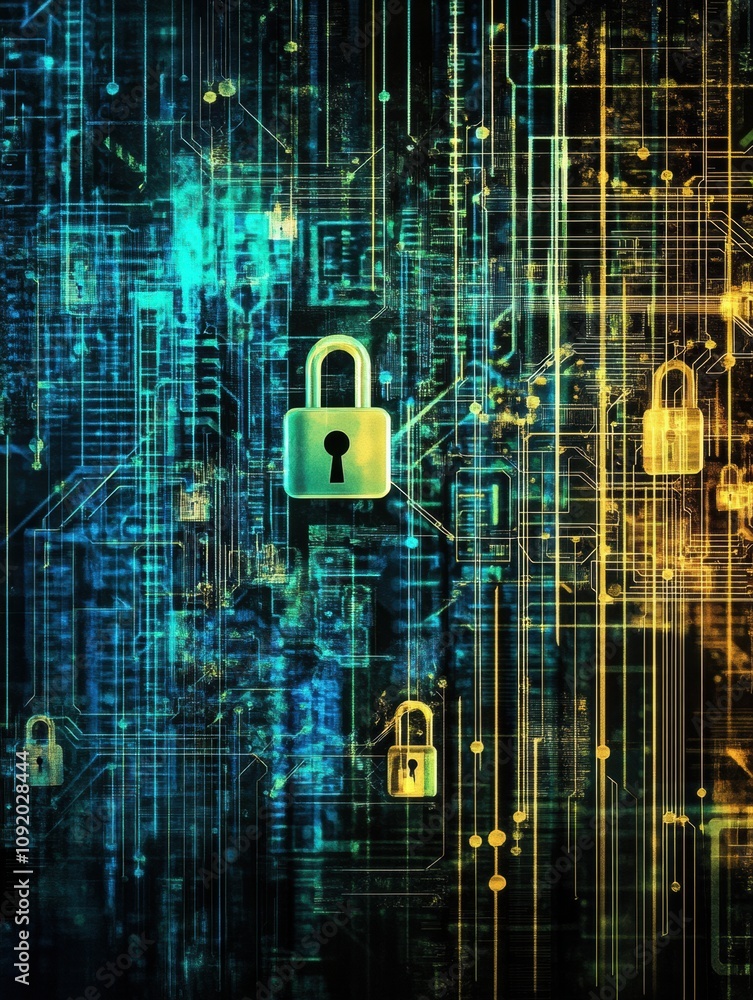 Aufkleber A digital abstract background blends padlocks and keys in a mesmerizing fusion of vibrant colors and intricate patterns representing security. Generative AI