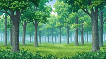 Obraz premium A serene, lush forest scene with vibrant green trees and soft light filtering through, creating a peaceful and inviting atmosphere.