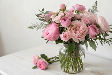Obraz premium Delicate pink peonies and roses arranged in a vase with a minimalist background for visual appeal, roses, floral decor, flower arrangement ideas, bouquet, garden flowers