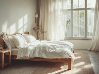 Fototapeta premium Sunlit Bedroom Featuring Wooden Bed and Linen Bedding