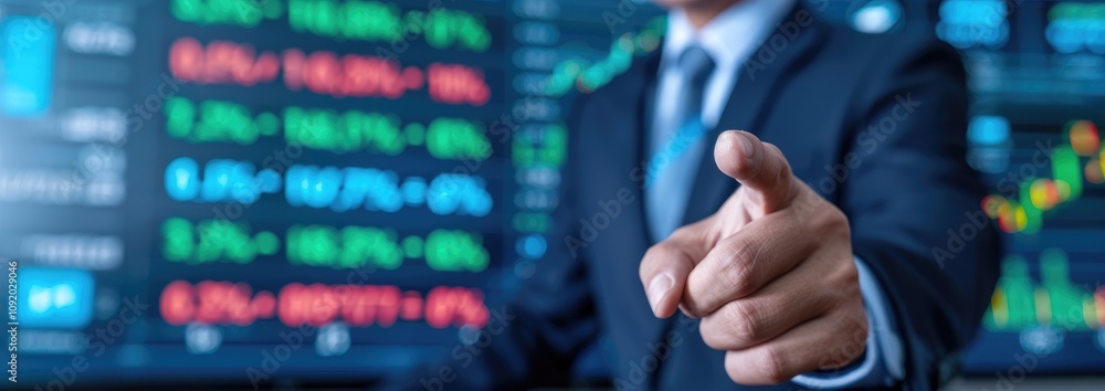Aufkleber a business professional points at a screen displaying market data, emphasizing financial analysis an