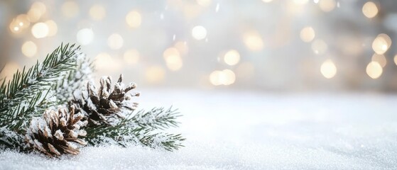 Obraz premium Create a serene Christmas-themed background with delicate festive details like soft snowflakes and evergreen branches, providing generous copy space in a warm and peaceful setting for holiday messages