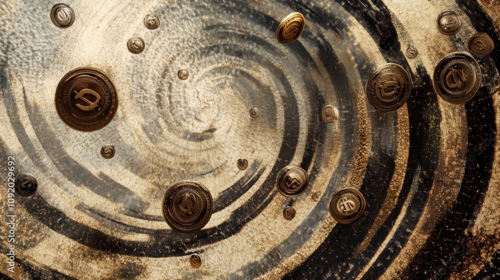 Fototapete An abstract drawing displays the motion of falling coins and price tags in a swirling pattern, evoking themes of value and trade. Generative AI
