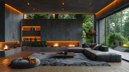 Interior of light living room with grey sofas, coffee table and large window
