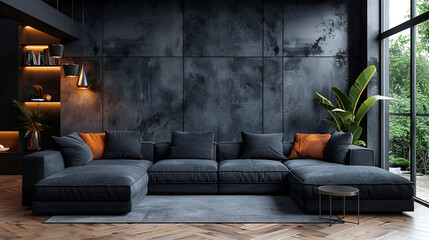 Interior of light living room with grey sofas, coffee table and large window
