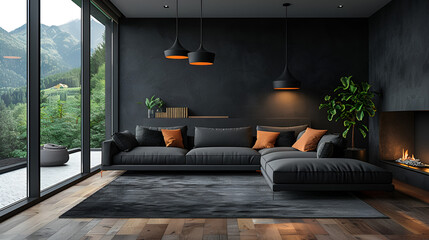 Interior of light living room with grey sofas, coffee table and large window
