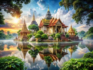 Obraz premium Captivating Double Exposure Photography of Thai Style Art Merging Traditional Temples with Vibrant Nature Elements for a Unique Visual Experience