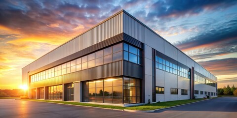 Obraz premium Modern industrial building with sleek architecture and large windows, illuminated by the warm light of the setting sun