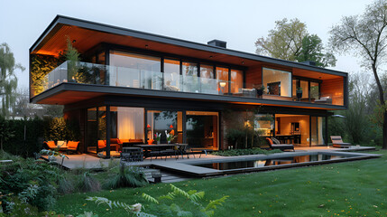 A luxurious modern house with expansive windows illuminated by warm lights, accompanied by a large swimming pool, exemplifying elegance and comfort.
