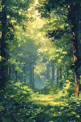 Enchanting smartphone wallpaper showcasing a serene forest with dappled light, tall trees, and a tranquil natural setting, made with generative ai