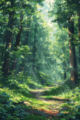 Magical smartphone wallpaper featuring an enchanted forest with tall trees, dappled sunlight, and lush greenery, creating a serene atmosphere, made with generative ai