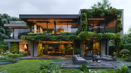 A luxurious modern house with expansive windows illuminated by warm lights, accompanied by a large swimming pool, exemplifying elegance and comfort.
