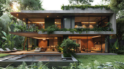 A luxurious modern house with expansive windows illuminated by warm lights, accompanied by a large swimming pool, exemplifying elegance and comfort.

