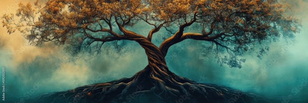 Aufkleber an abstract tree of life displays intertwined branches and roots, embodying concepts of growth, unit