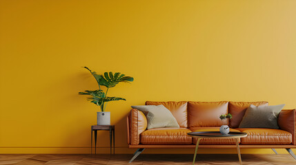 A vibrant yellow sofa anchors a minimalist living space, accented by lush greenery and modern decor.
