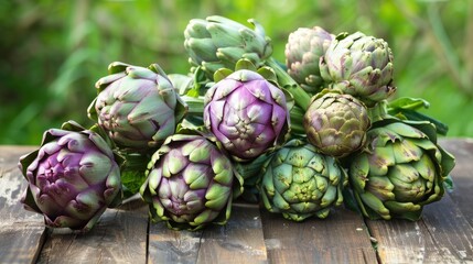 Obraz premium Fresh Artichokes on Wooden Table