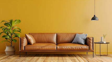 A vibrant yellow sofa anchors a minimalist living space, accented by lush greenery and modern decor.
