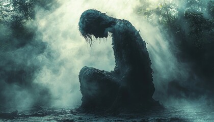 Obraz premium A haunting figure emerges from mist, embodying emotions of solitude and introspection in a mystical setting.
