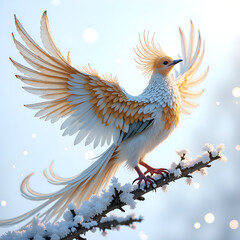 Obraz premium Majestic bird with radiant feathers glides gracefully amidst a winter wonderland, digital art of fantasy concept.