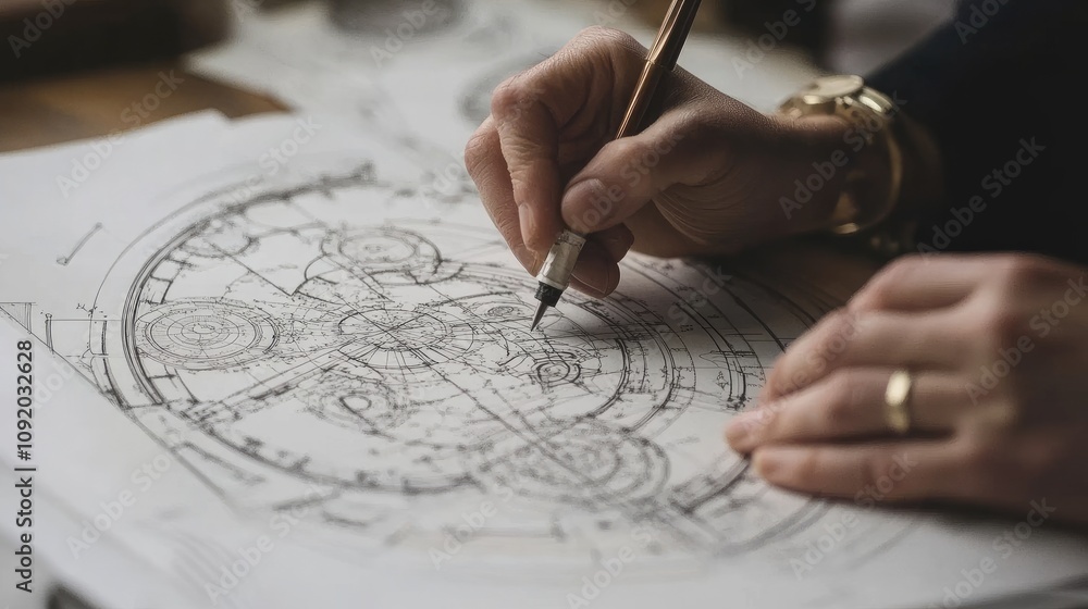 Poster close-up of a person sketching intricate technical drawings on paper with a focus on precision and a