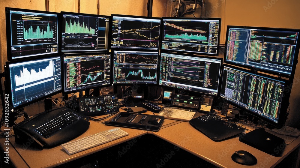 Poster multiple computer monitors displaying financial market data with graphs, charts, and analyzing tools