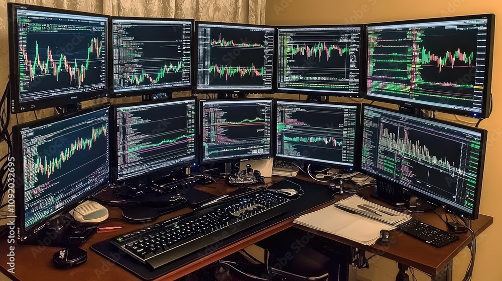Aufkleber a comprehensive trading setup featuring multiple monitors displaying stock market data, charts, and 