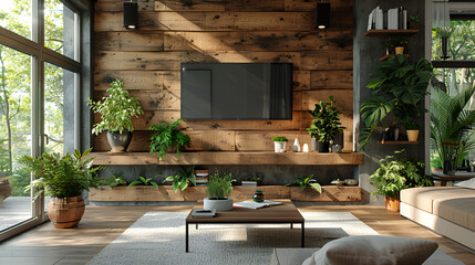 Cozy Living Room Interior with Brown Leather Sofa and TV.

