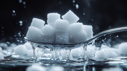 A delicate silver spoon is filled with stacked sugar cubes, with viscous liquid dripping down. The minimalist background and soft lighting highlight the texture and reflection of sugar and syrup.