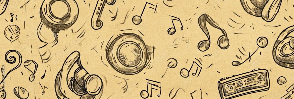 Poster this vibrant doodle features an array of musical instruments, headphones, notes, and sound waves int