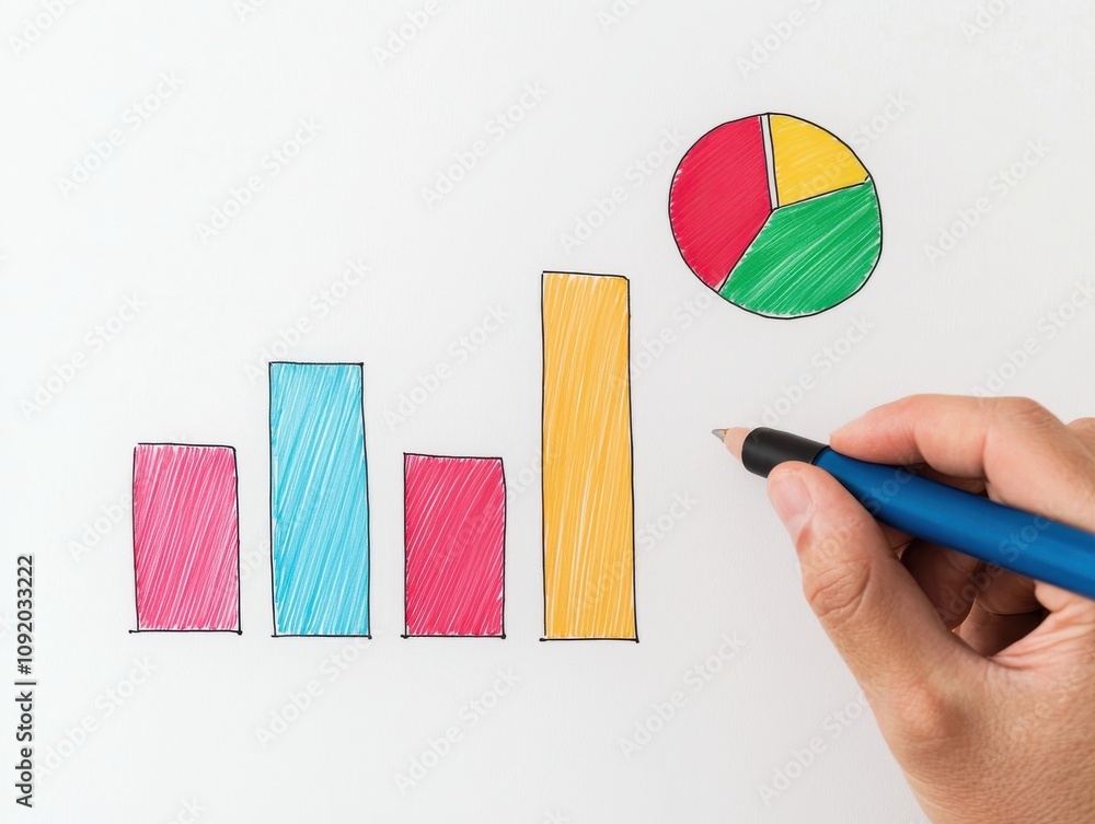 Poster business plan of market execution concept. a colorful hand-drawn graph and pie chart illustrate data