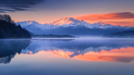 A serene lake reflecting snow-capped mountains at sunrise.