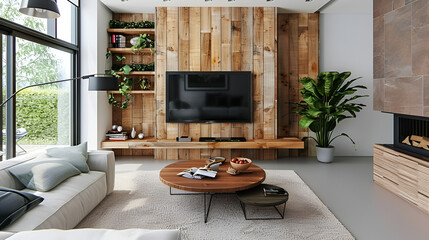 Cozy Living Room Interior with Brown Leather Sofa and TV.
