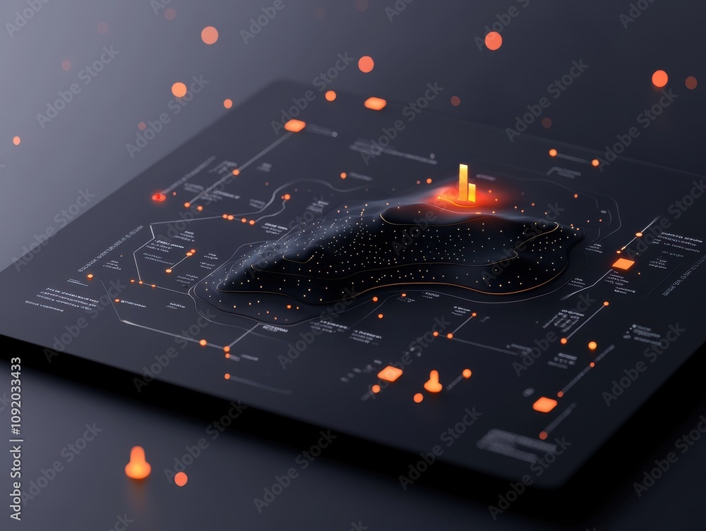 Poster a futuristic digital landscape featuring a glowing structure on a dark surface, surrounded by partic