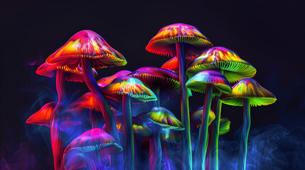 Colorful generative ai collage of bright glossy mushrooms in night magical woods
