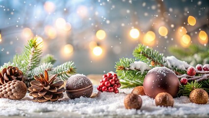 Winter scene with Christmas decorations, chocolate accents, snowy background