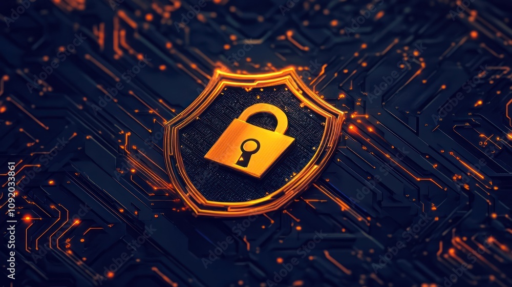 Poster create an emblem for a cybersecurity company, featuring a lock and digital shield.