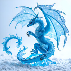 Fototapeta premium Majestic azure dragon with crystal wings gliding above a cloudy landscape, 3d rendering of fantasy creature concept.