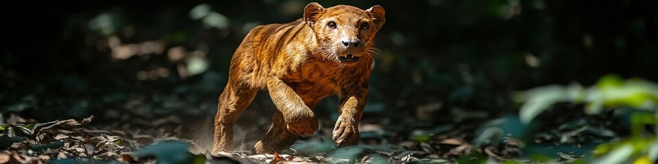Obraz premium Majestic Golden Feline Wildlife Running through Lush Forest in Daylight Captured in High-Resolution Nature Photography Animal Speed Motion Greenery