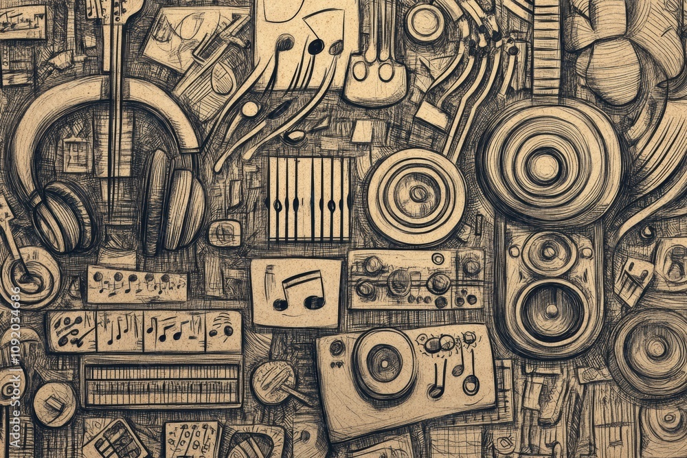 Poster intricate doodle design showcases an array of musical instruments, notes, headphones, and speakers, 