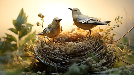 portrait of a small important Sparrow chick sitting in a nest in a summer Sunny garden waiting for parents
