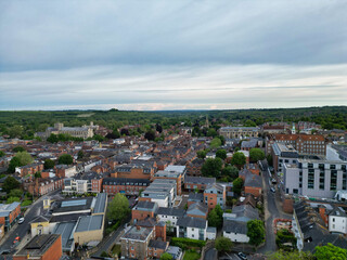 Fototapeta premium High Angle View of British Historical City of Winchester Central During Sunset, England United Kingdom, Aerial Footage Was Captured with Drone's Camera From Medium High Altitude on May 17th, 2024