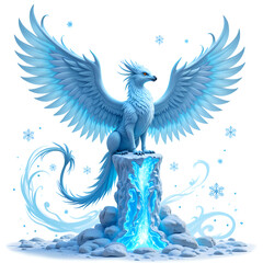 Fototapeta premium Majestic frostwing guardian a stunning ice blue creature with radiant wings atop a frozen waterfall, digital art of fantasy creature concept.