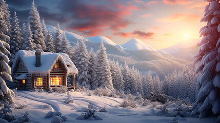 A cozy cabin in the woods with a fireplace and a warm glow
